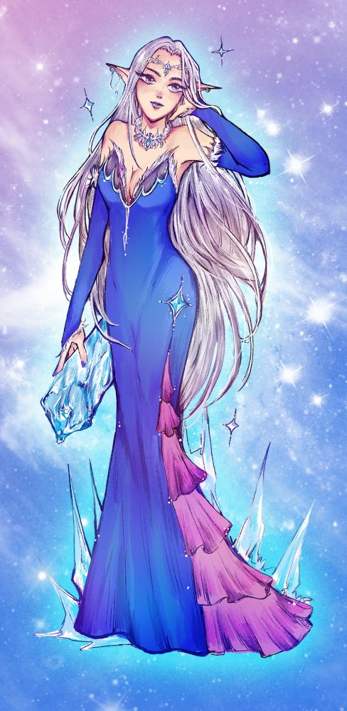Digital drawing of Ysayle in a bejeweled evening dress holding an ice clutch