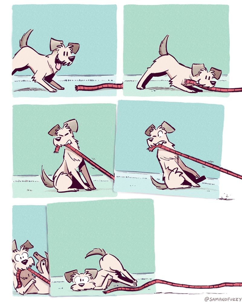 A six panel comic, three rows of two panels each. In each panel, there's a rope in the bottom right side of the panel, that extends out past the right edge of the panel. For the panels on the left side, the rope is attached to the panel on the right side. For the panels on the right side, the rope extends off the side of the page.

In the first panel, poppy the dog approaches the rope. In the second panel, she grabs the rope. In the third panel, she pulls on the rope, which starts to drag the 4th panel to the left. In the fourth panel, she pulls even harder. 

In the 5th panel, poppy has yanked the sixth panel 3/4 of the way into the fifth panel, cramping her into the corner. In the sixth panel, poppy is flopped down on the ground, having fallen over when her panel was yanked to the left.