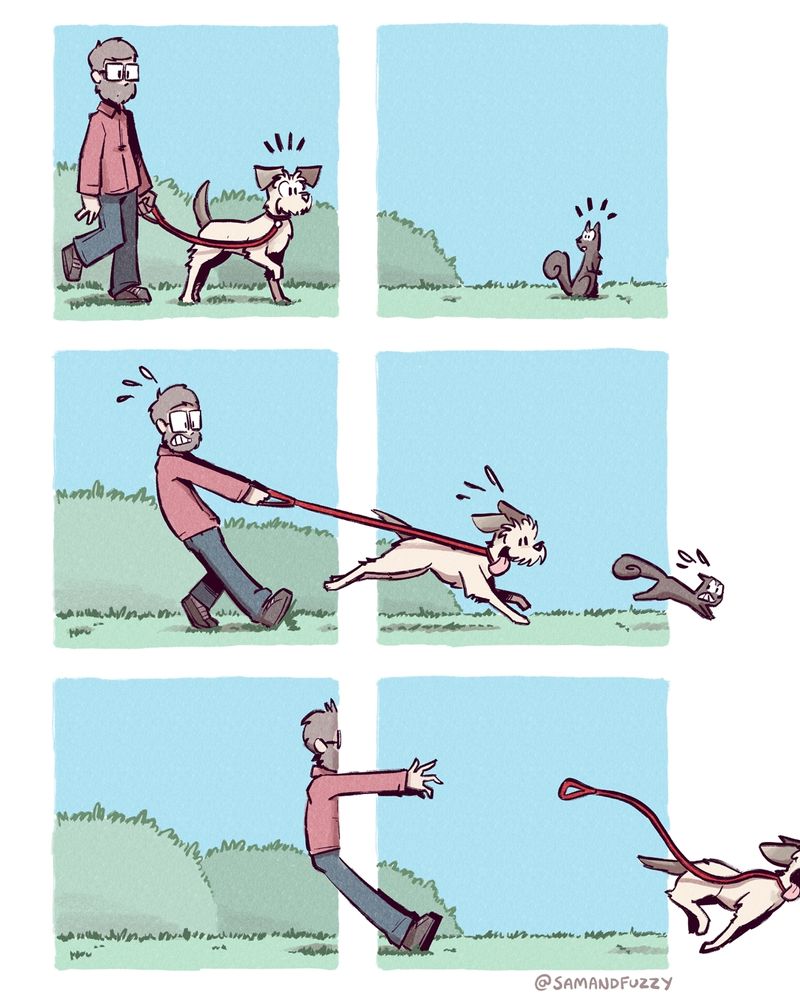 A six panel, three rows of two panels each. 

In the first row, a man walks his dog in the left panel, and the dog spots a squirrel sitting in the right panel. 

In the second row, the dog runs across from the left panel into the right panel to chase the squirrel. The man in the left panel pulls back on the leash, trying to stop the dog, but he is getting dragged behind her.

In the third row, the man in the left panel collides with the gutter between the two panels as though it was a solid object like a telephone pole. He lets go of the leash, and the dog continues to run after the squirrel, out of the right panel and off into the white space.