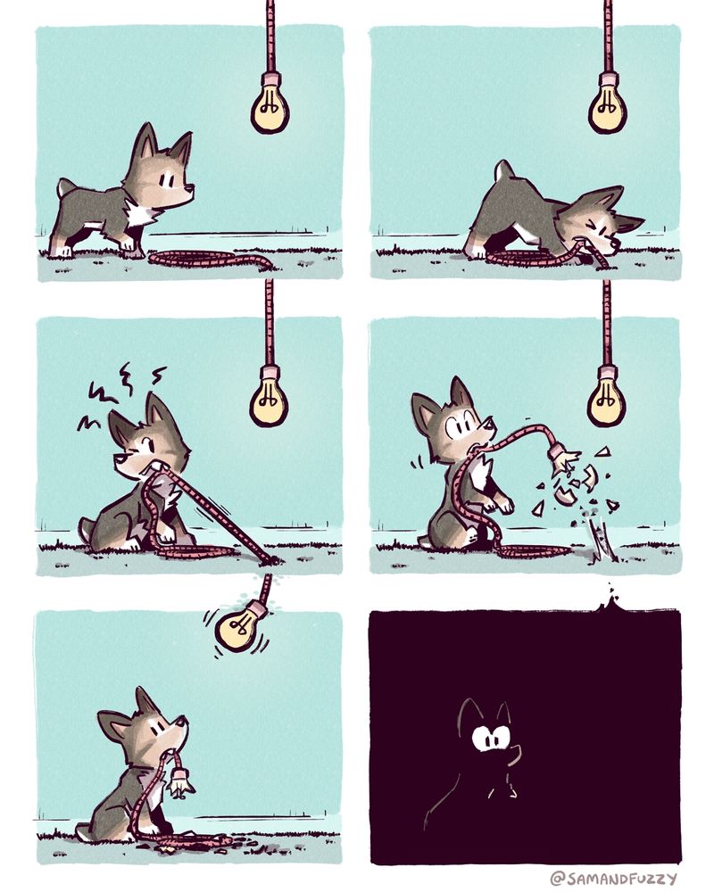 A six panel comic, three rows of two panels each. Each panel is the same shot: a room with a light bulb dangling from the ceiling by a cord, and a pile of cord on the floor that runs into a hole in the floor. The cord running through the floor in one panel becomes the cord that the light bulb is dangling from in the panel below it.

A small dog enters the room. He grabs the cord and starts to pull it. In the third panel, we can see that he is causing the light bulb in the fifth panel to raise. In the fourth panel, he pulls the cord hard enough to yank the light bulb from the sixth panel through the floor and break it. In the 5th panel, the dog holds the cord with the broken light bulb, and looks up at the fifth panel's light bulb as it is being yanked upward by the third panel's dog. In the sixth panel, the dog is now sitting in pitch black darkness, as the sixth panel's light bulb was removed by the fourth panel's dog and there is no longer any light.