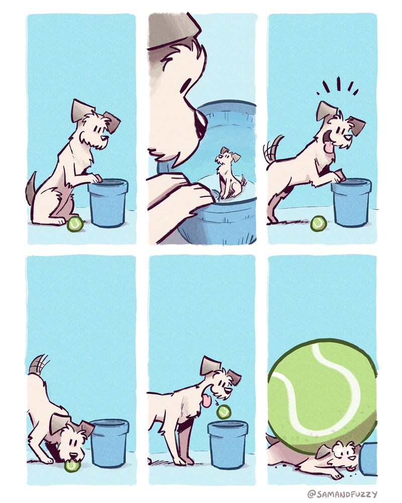A six panel comic. Poppy the dog looks in a bucket. Inside the bucket she sees a tiny Poppy looking back up at her, with her own tiny bucket. Poppy is excited to see this little friend. She tosses her a tennis ball into the bucket. Then a giant tennis ball lands on Poppy, implying that some sort of recursive loop of Poppy's and buckets.