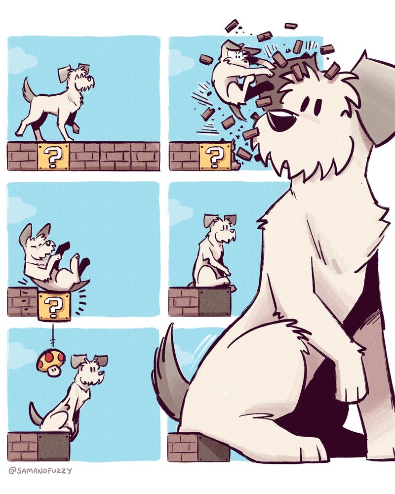 A six panel comic, three rows of two panels each. 

Poppy the dog walks along a path of mario blocks, including one question block. In the second panel, she is knocked over by the sudden appearance of a giant poppy, who has grown out of the sixth panel and now spans through panels 2, 4 and 6.

In the third panel, poppy falls back and hits the question block, which drops a mushroom into the fifth panel.

In the fourth panel, poppy stares at the back of the giant poppy that is crossing through the panel.

In the fifth panel, the mushroom from the fourth panel lands on Poppy.

In the sixth panel, Poppy becomes giant, growing all the way up to the second panel and knocking the second panel poppy over.