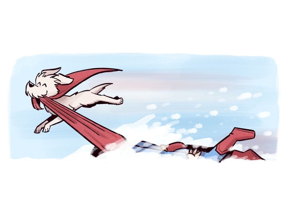 Illustration of Krypto dragging Superman through the snow. Krypto looks very happy to be helping. Superman looks unconscious.