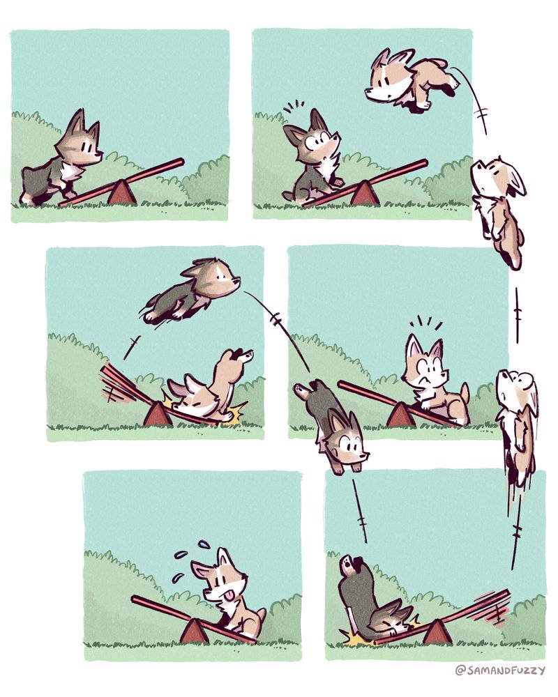 A six panel comic of corgis on a seesaw. The black corgi gets launched up in the third panel and lands in the sixth, launching the brown corgi up to land on it in the third