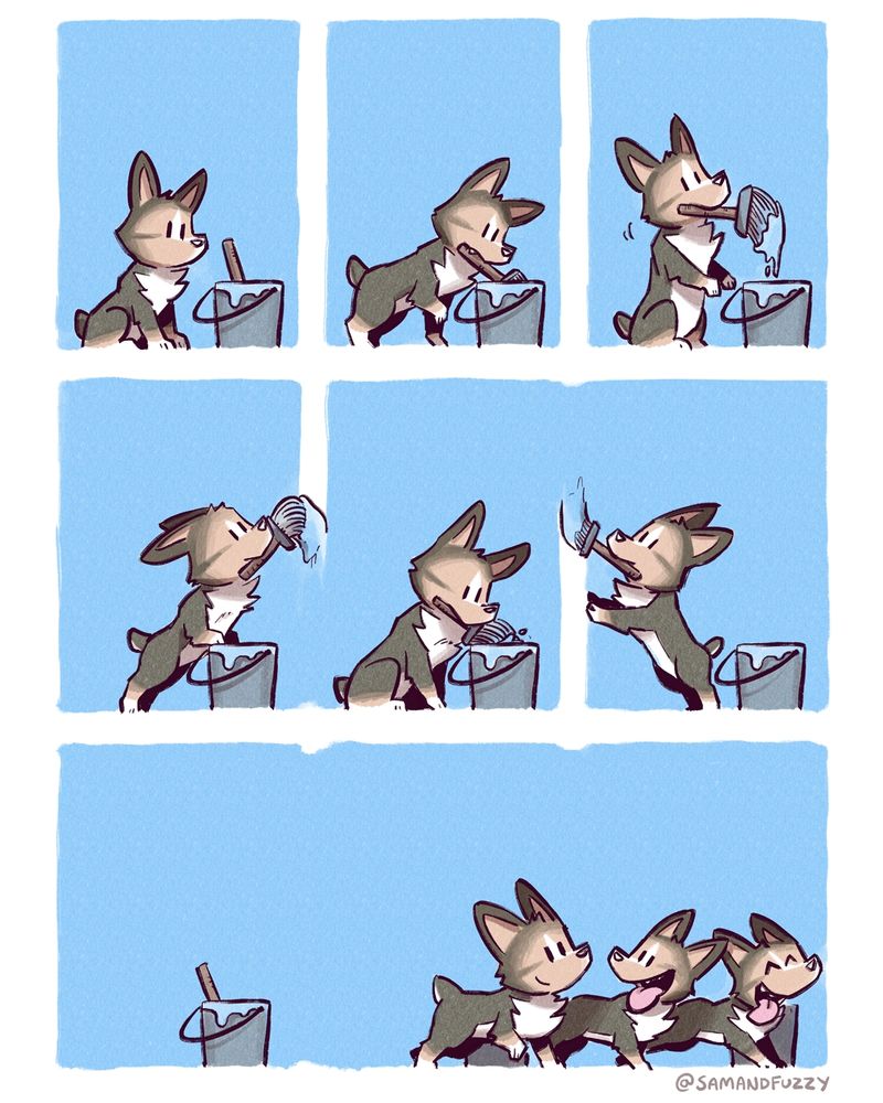 A comic with three rows of panels. 

The first row has three panels. The first shows a corgi sitting next to a bucket of paint. A second shows the corgi grabbing the handle of a brush in the bucket. The third panel shows him lifting the brush out of the bucket. 

The second row also has three panels. In the first panel, the corgi starts using the paint to paint over the gap between the first and second panels. In the second panel, the corgi dips the brush back in the bucket of paint. In the third panel, the corgi turns around and starts painting over the border between the second and third panels. Overall, it appears like the borders between all three panels are being erased, starting to merge them into a single panel.

The third row one has a single wide panel. Now that all three panels have been connected, three identical corgis are existing simultaneously. They all walk off to the right, looking like they are excited about getting to hang out together.
