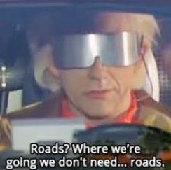 Close-Up auf dem Doc aus Back to the Future mit seinem Spruch "Roads? Where we're going we don't need roads"