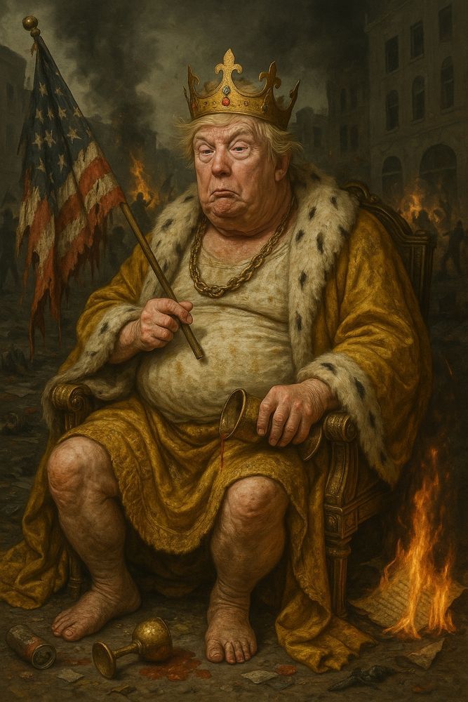 Ugly old Trump, with Crown on his Head and tattered 
USA Flag in his Hand, squatting barefoot on his Throne!

Hässlicher alter Trump, mit Krone auf dem Kopf u. zerfetzter 
USA Flagge i.d.Hand, barfuß hockend auf seinem Thron   !