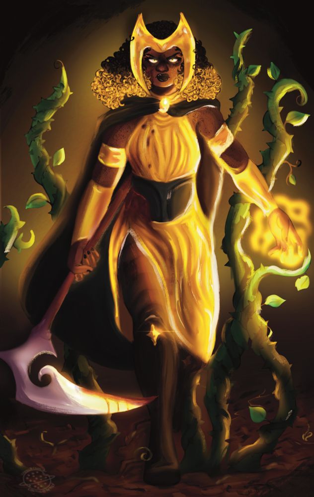 sigyn angrily approaching the viewer with golden magic and thorned vines protruding from the ground surrounding her as she commands them, wearing her signature headpiece and gold dress with a green corset and cape. she’s carrying a scythe in her right hand that has blood on it, bleeding from a wound at her side. there are droplets of blood on the top of her dress. her left hand is glowing with gold magic. 