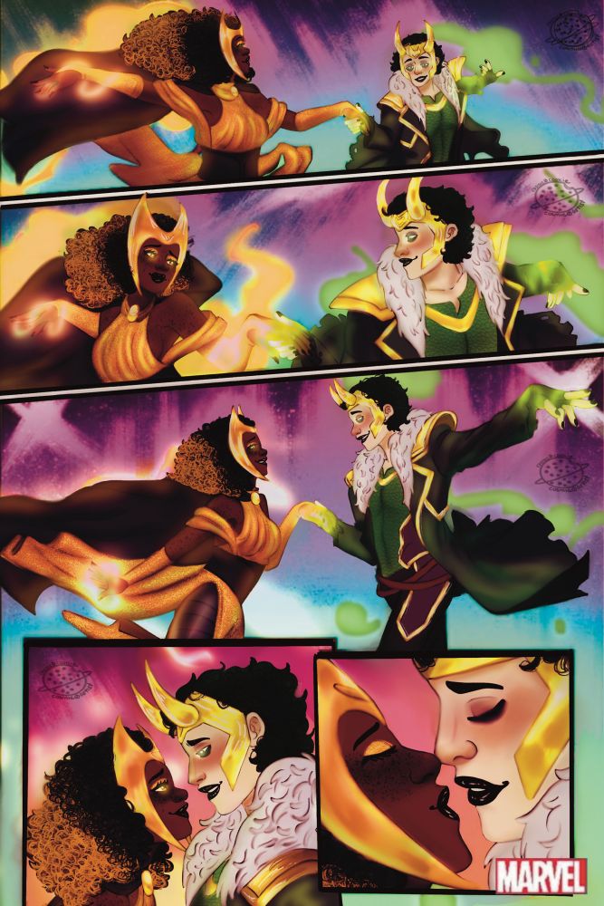 comic book page edit from page 13, scarlet witch 2023 vol 3, 008. wanda has been edited to the artist’s original design of sigyn, loki’s wife from mythology. she is a black woman with black shoulder length curls that turn gold in a gradient, golden eyes, dark skin, and her golden headpiece, dress, and accessories. she has dimples and freckles all over her body. she and loki are wearing matching black lipstick as they dance together with magic surrounding them. the comic page ends before a kiss is shared.