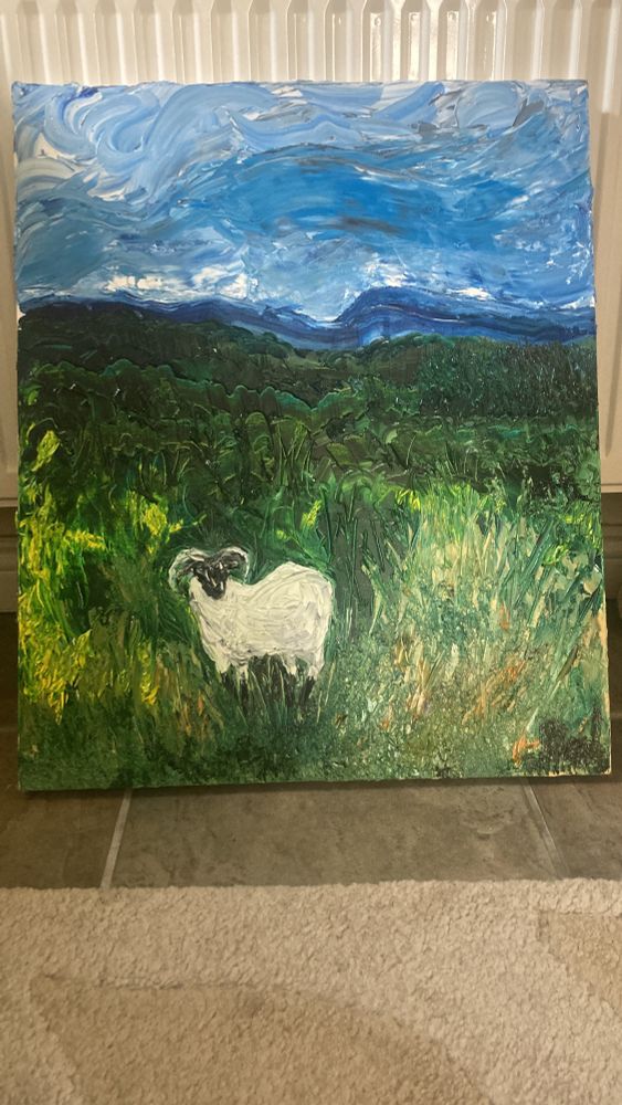 Oil painting of a sheep in front of Galtee Mor, ireland