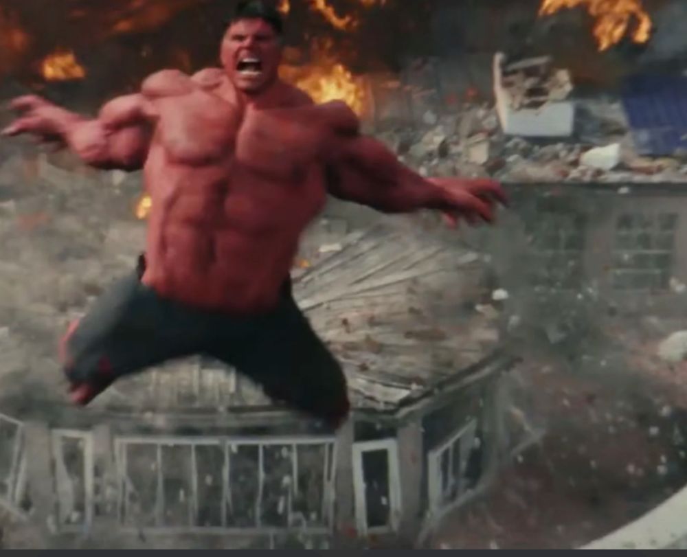 Image from CAPTAIN AMERICA BRAVE NEW WORLD where the President has become a rage monster destroying the White House 