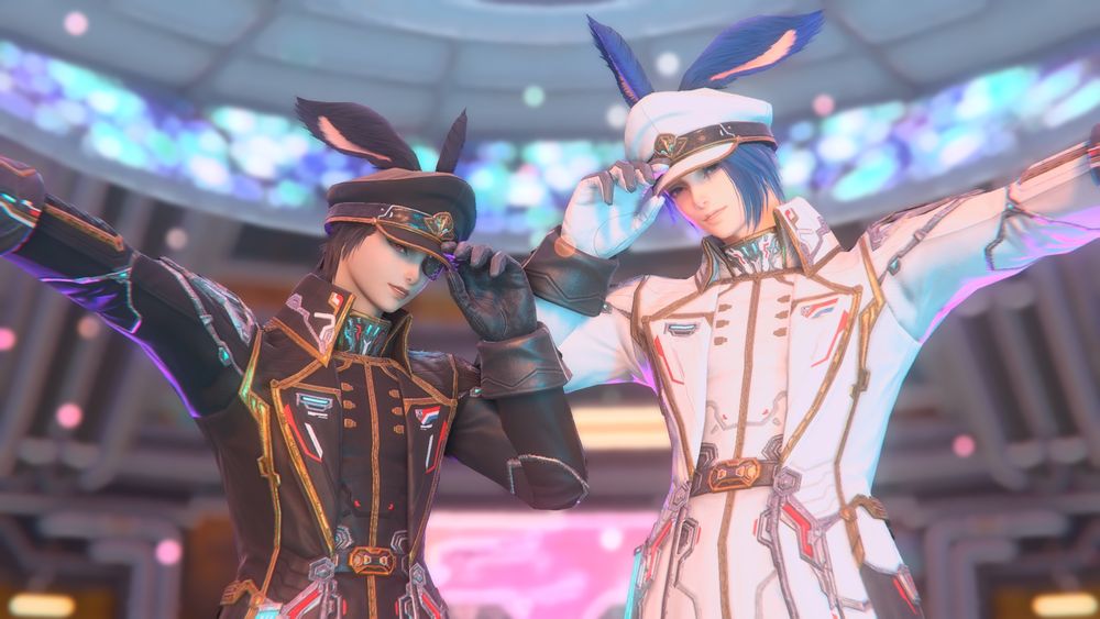 A closeup of Casca and Stargazer doing an Ingo and Emmet pose from Pokémon. 