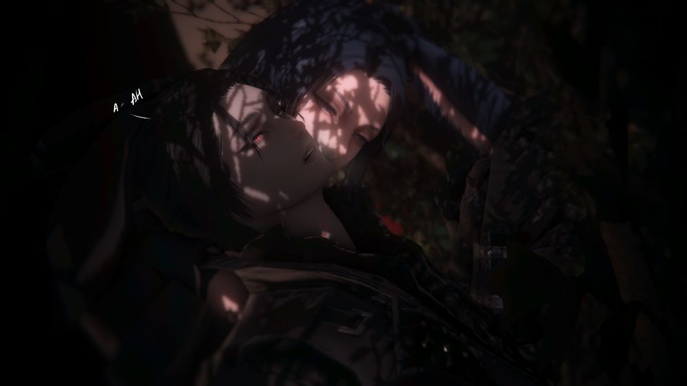 A gpose of Stargazer dressed as a vampire, standing behind Casca and leaning down, having bitten Casca’s neck, whilst he caresses his hand and Casca tilts his head back in his shoulder.