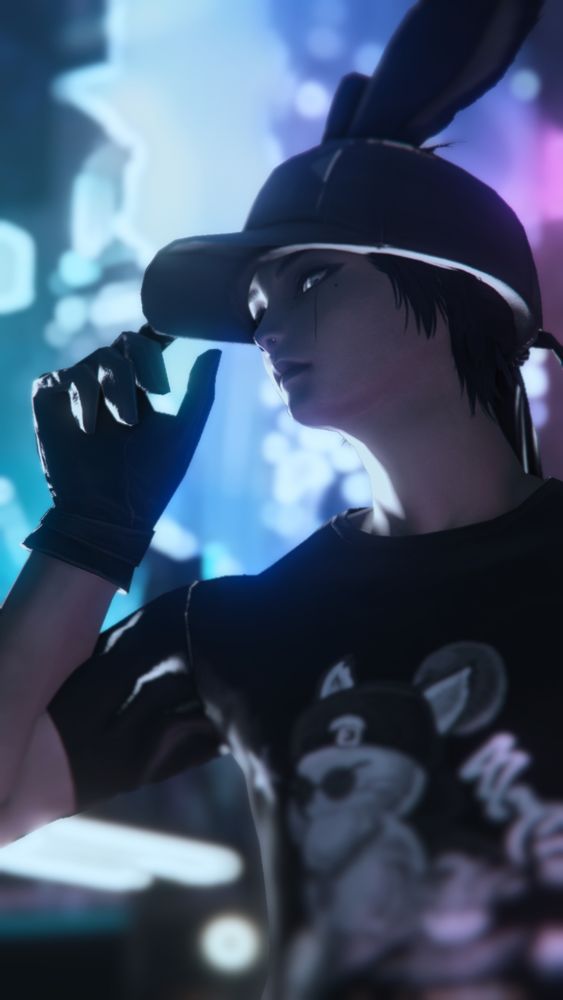 A gpose of Casca in Solution 9 wearing a very casual outfit, a black T-shirt with a moogle and a black ball cap with gloves.