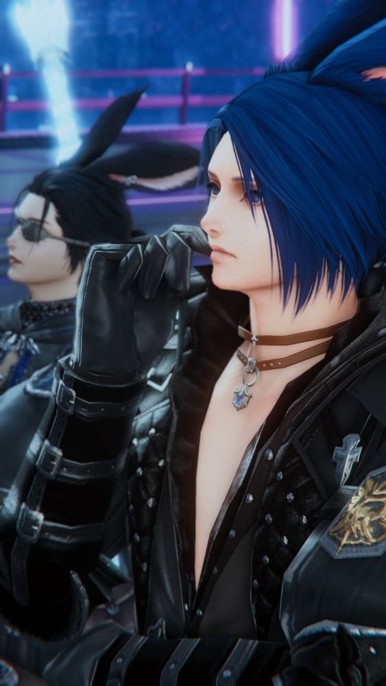A closeup of Casca and Stargazer looking up at the logo. Stargazer seems deep in thought.