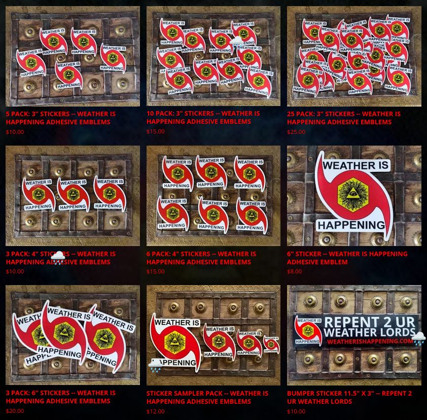 A SCREENSHOT FROM MERCH.WEATHERISHAPPENING.COM

9 PRODUCT IMAGES OF STICKERS IN VARIOUS SIZES & ASSORTMENTS SITTING ATOP TREASURE CHESTS
