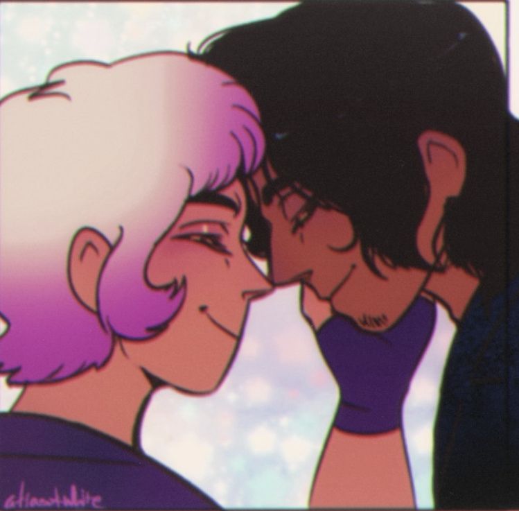 A portrait of Harper Emily and Michael Afton, an OC and a character from FNAF respectively, touching their foreheads together. Harper has a hand on Michael's cheek.