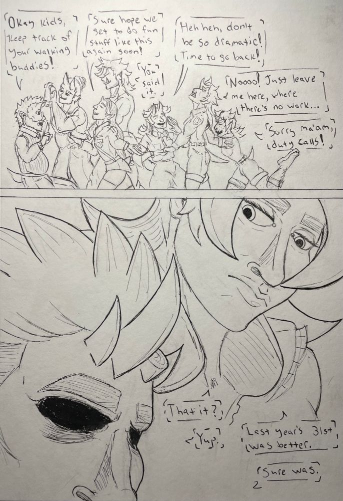 A 2-panel comic about school field trips. A professor devil stands in front of his group, “Okay kids, keep track of your walking buddies!” His wife who accompanies him shows off their clasped hands to tell the others to hold hands for safety. 

“Sure hope get to do fun stuff like this again soon,” a devil says to their walking buddy, “You said it,” he responds. 

Behind them two short devils are walking with a tall devil. “Heh heh, don’t be so dramatic! Time to go back,” one of the short devils says as she tries to pull the tall devil forward. “Noooo! Just leave me here, where there’s no work…” the tall devil says back, the third devil is behind her, playfully pushing her forward. “Sorry ma’am, duty calls!”

In the second panel my namesake character, Surge, and his editor are shown. She looks at him with an unimpressed expression, his eyes are completely shadowed over. They have an exchange, the editor begins:

“That it?”
“Yup.”
“Last year’s 31st was better.”
“Sure was.”