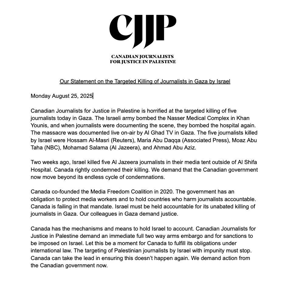 A one-page statement with the header 'CJJP, Canadian Journalists for Justice in Palestine' followed by 'Our Statement on the Targeted Killing of Journalists in Gaza by Israel, Monday August 25, 2025'