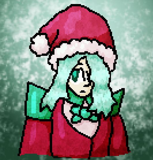 teal-haired girl (anemone) in santa colored clothes with a neutral expression. jolly...