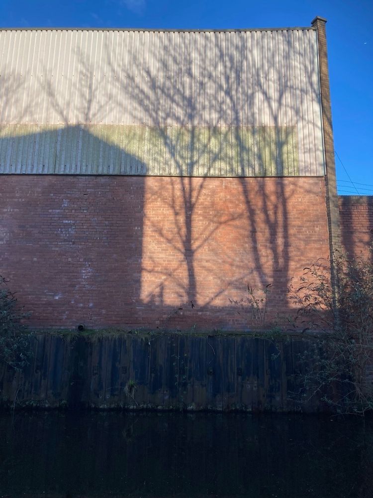 Portrait format photo of shadows on the side of a canal-side warehouse on a sunny day. The shadows are of trees and a building. The sky is bright blue, the edge of the canal and the water are in shadow. 