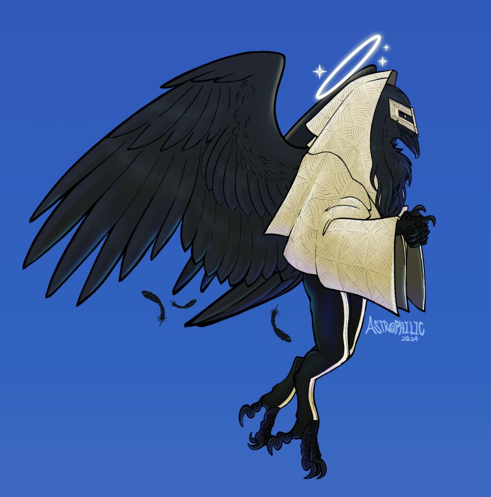 a digital character illustration of mastema from the megami tensei series as an anthropomorphic corvid. he is facing to the right while looking at the viewer with a sly smile and holding his hands like in his characteristic pose. he is against a cobalt blue background.