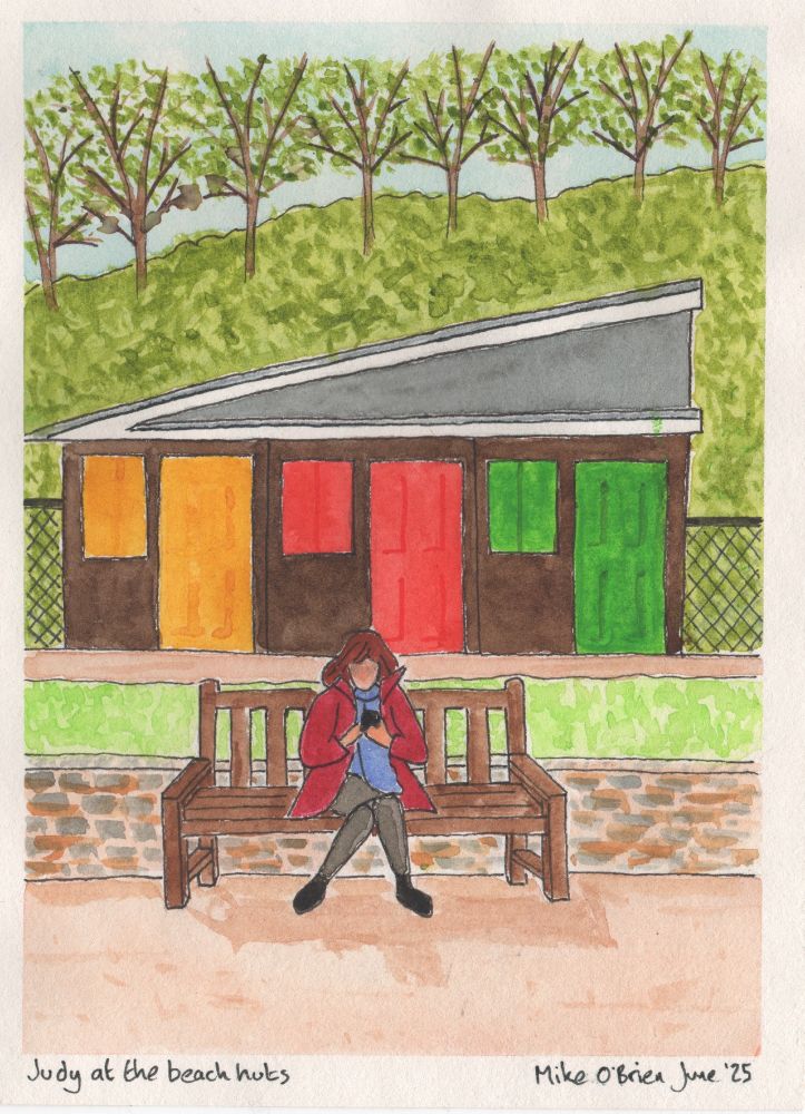 A watercolour painting of my Wife, Judy outside the beach huts at Filey, North Yorkshire 