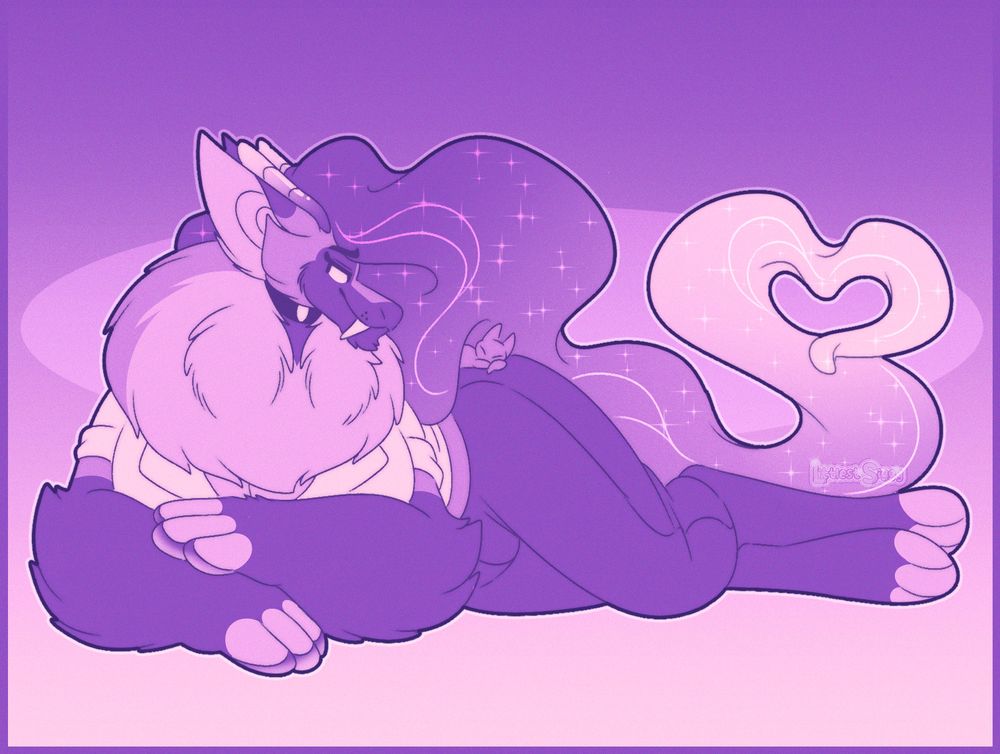 olineus laying on his side with a tiny anon sleeping on his hip