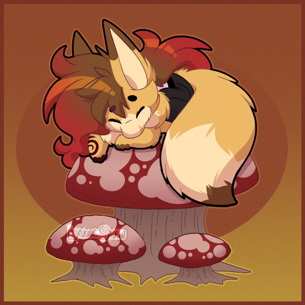 little chibi alix taking a nap on top of large mushrooms