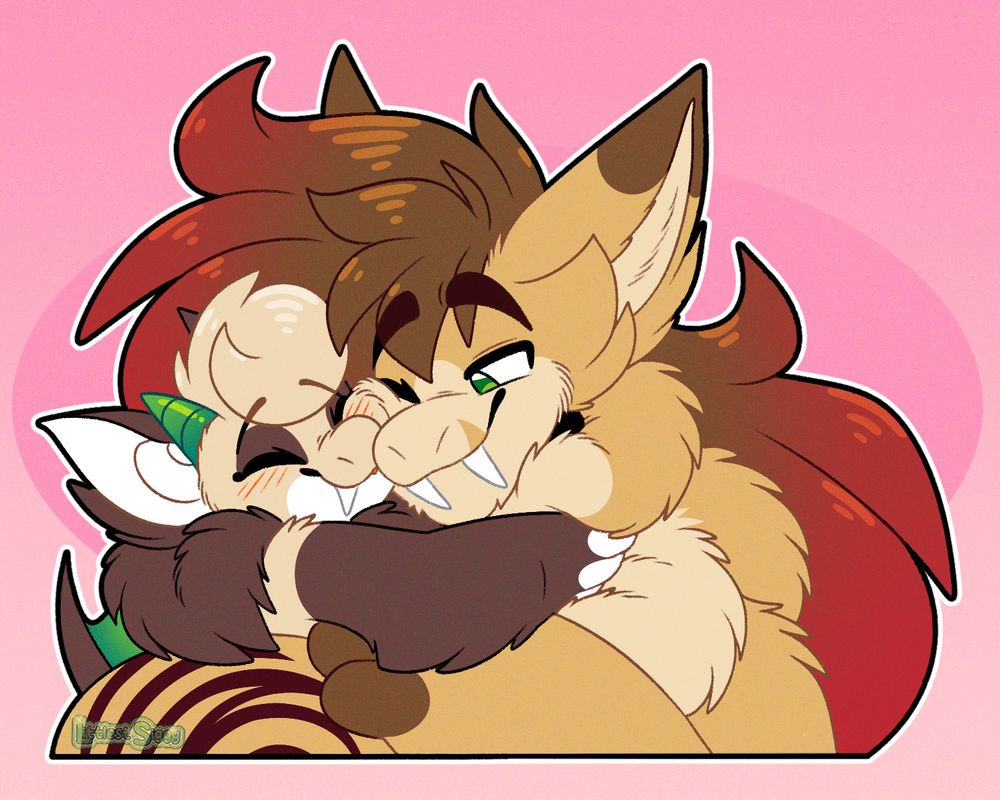 (CartoonArt) Siggy (bat-like OC/Sona) smooching their "Dad", Alix (fox-like OC), on the cheek.