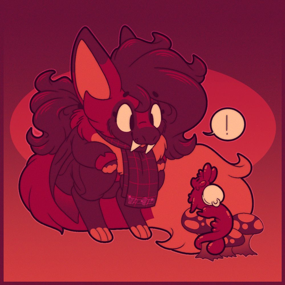 ollie looking at a little syrup snail perched on some amanitas