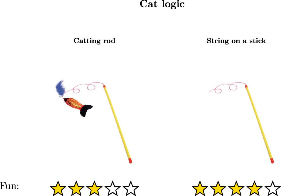 Cat logic:
Catting rod "fun" value is 3/5
String on a stick (made by removing the lure from catting rod) "fun" value is 4/5