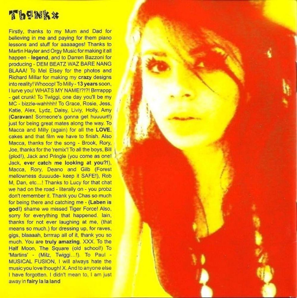 Yellow CD booklet page with a red monochrome photo of young Charli, the colours are very over-saturated & intense, there is a lot of text with her Thank Yous, which includes lots of unselfconscious teen slang like, ie. "Brrrappp - get crunk!"