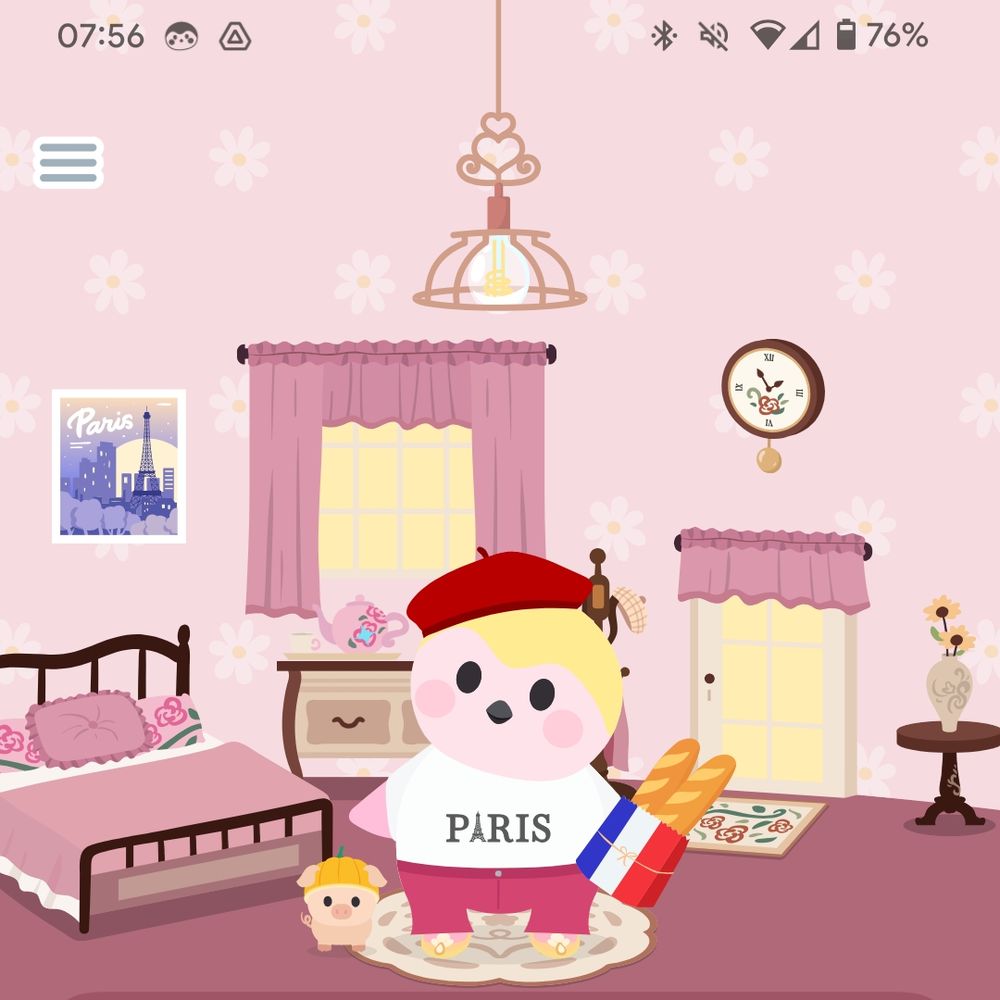 Screenshot of the finch app

Treehouse 
* 🩷 Pink Timeless Bed
* 🤎 Brown Timeless Rug
* 🤎 Brown Timeless Doormat
* 🤎 Brown Timeless Dresser 
* 🩷 Pink Timeless Tea Set
* 🤎 Brown Sweetheart Ceiling Lamp
* 🇫🇷 Paris Travel Poster 
* 🤎 Brown Timeless Clock
* 🩷 Romantic Paris Coat Rack
* 🤎 Brown Timeless Side Table 
* 🩷 Vintage Pink Floor
* 🩷 Pink Spring Flower Wall
* 🩷 Pink Timeless Door
* 🩷 Pink Timeless Window

Outfit:
* 🤍 White Parisian Tee
* 🩷 Pink Groovy Bellbottoms 
* ♥️ Red Parisian Beret
* 💛 Yellow Medieval Princess Shoes 
* 🇫🇷 Traditional Parisian Baguettes

Micropet: Pumpkin the Piglet 🐷