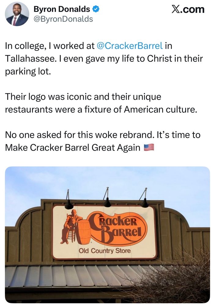 Byron Donalds tweet about Cracker Barrel 
