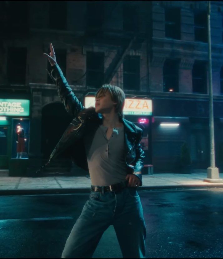 Beautiful dancing Jimin from the Who MV, jeans, grey top and leather jacket, but the power he expresses as he strikes a confident pose, one hand on his belt, and the other thrust towards the sky, hips cocked. He's so amazing... 