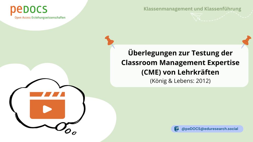 Grafik aus der Reihe „Klassenmanagement und Klassenführung“. Rechts steht in einem weißen Kasten der Titel: „Überlegungen zur Testung der Classroom Management Expertise (CME) von Lehrkräften“ (König & Lebens: 2012). Links unten ist eine Denkblase mit einem orangefarbenen Symbol für ein Video (Clapperboard mit Play-Button). Das Design ist schlicht, mit grünem Hintergrund, und betont videobasierte Diagnostik.