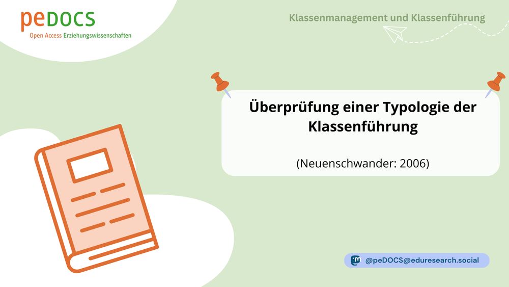 Grafik aus der peDOCS-Reihe „Klassenmanagement und Klassenführung“. Links ist ein stilisiertes, orangefarbenes Heft dargestellt. Rechts befindet sich ein Textfeld mit dem Titel: „Überprüfung einer Typologie der Klassenführung (Neuenschwander: 2006)“.