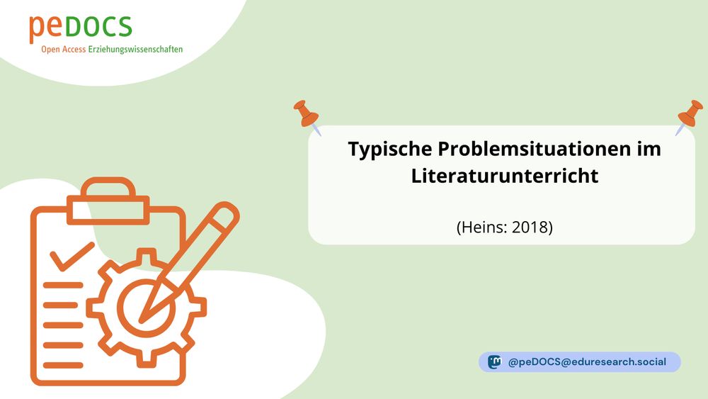 Grafik von peDOCS mit hellgrünem Hintergrund. Oben links das peDOCS-Logo mit dem Schriftzug „Open Access Erziehungswissenschaften“. Unten links ist eine stilisierte Illustration eines Klemmbretts mit Checkliste, einem Zahnrad und einem großen Bleistift zu sehen – symbolisch für Planung, Analyse oder Problemlösung. Rechts daneben eine weiße Box mit dem Titel: „Typische Problemsituationen im Literaturunterricht (Heins: 2018)“, fixiert durch zwei orangefarbene Pinnnadeln. Unten rechts befindet sich das Mastodon-Symbol mit dem Handle "@peDOCS@eduresearch.social".