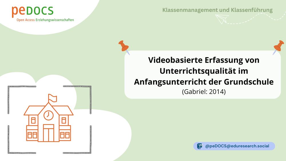 Grafik zur peDOCS-Reihe „Klassenmanagement und Klassenführung“ mit dem Titel: „Videobasierte Erfassung von Unterrichtsqualität im Anfangsunterricht der Grundschule“ (Gabriel: 2014). Links ein Schulgebäude im Kamerarahmen, unten das peDOCS-Mastodon-Hand