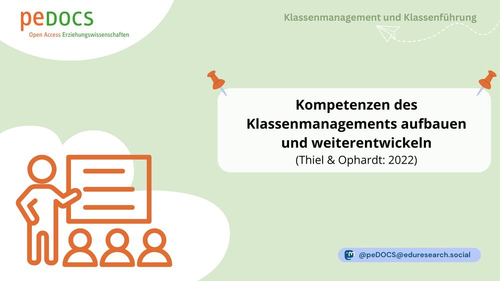 Grafik zur Reihe „Klassenmanagement und Klassenführung“ von peDOCS. Links ist eine orangefarbene Illustration von einer Lehrkraft an der Tafel vor drei Schüler*innen zu sehen. Rechts steht der Titel: „Kompetenzen des Klassenmanagements aufbauen und weiterentwickeln (Thiel & Ophardt: 2022)“.