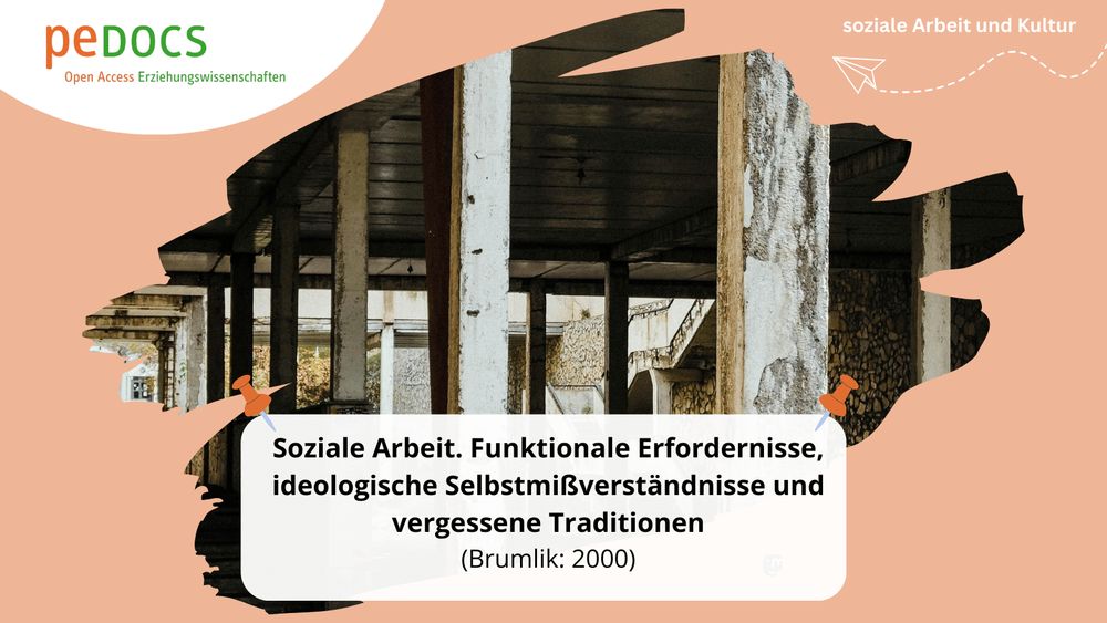Das Bild zeigt ein verfallenes, stützengetragenes Betongebäude mit bröckelnden Wänden und sichtbaren Schäden. Die Szene ist in eine pfirsichfarbene Rahmenform eingebettet. Oben links steht das peDOCS-Logo, oben rechts der Titel „soziale Arbeit und Kultur“. Unten befindet sich ein weißes Textfeld mit dem Titel der Publikation.