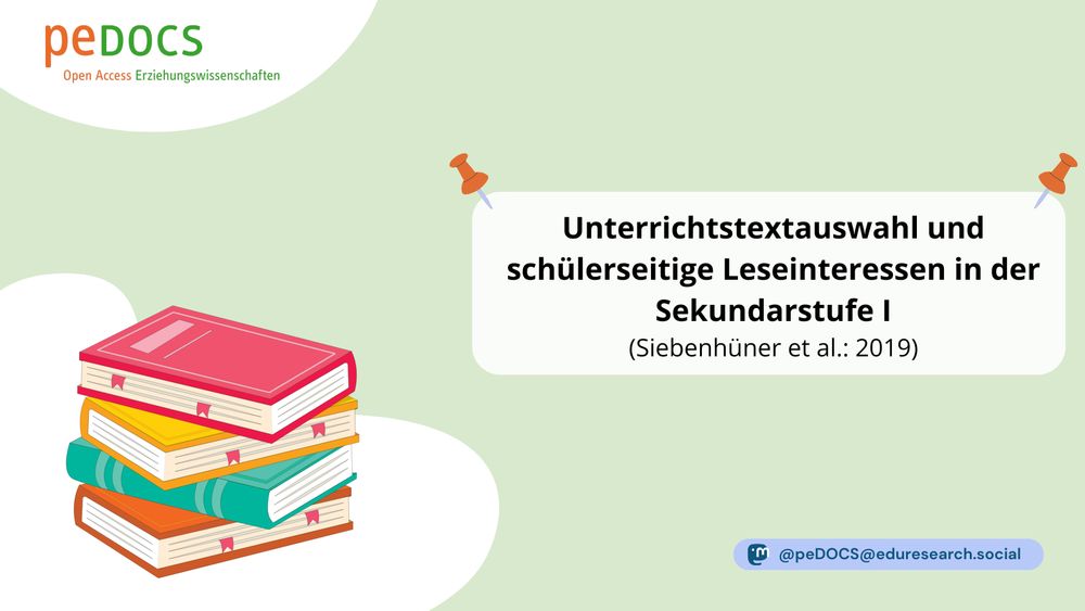 Grafik von peDOCS mit hellgrünem Hintergrund. Oben links das peDOCS-Logo mit dem Untertitel „Open Access Erziehungswissenschaften“. In der Mitte rechts ein weißes Textfeld mit orangen Pinnnadeln, das den Titel „Unterrichtstextauswahl und schülerseitige Leseinteressen in der Sekundarstufe I“ sowie die Angabe „(Siebenhüner et al.: 2019)“ enthält. Unten links ist ein bunter Stapel von Büchern zu sehen – symbolisch für Vielfalt und Auswahl im Literaturunterricht. Unten rechts das Mastodon-Handle „@peDOCS@eduresearch.social“.