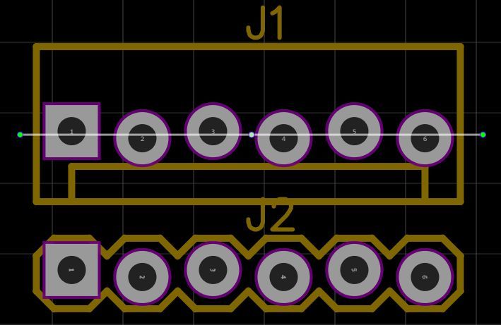Screenshot example of a footprint using offset through-hole pads in a layout program from a random forum