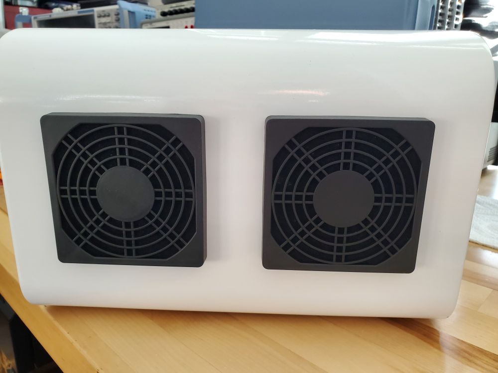 Back view of the box looking at the modified fans to take in air through a filter to create positive pressure