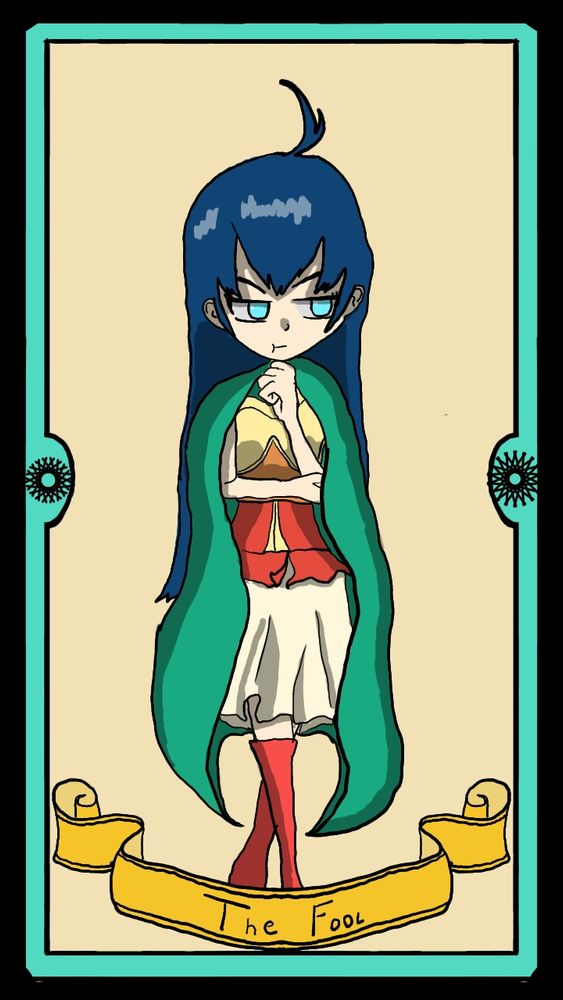 Tarot card of "The Fool",depicting a very young looking girl pouting while in a thinking pose. She has dark blue hair, a turquoise cape, and a strange mix of breastplate armour and cloth skirt.
