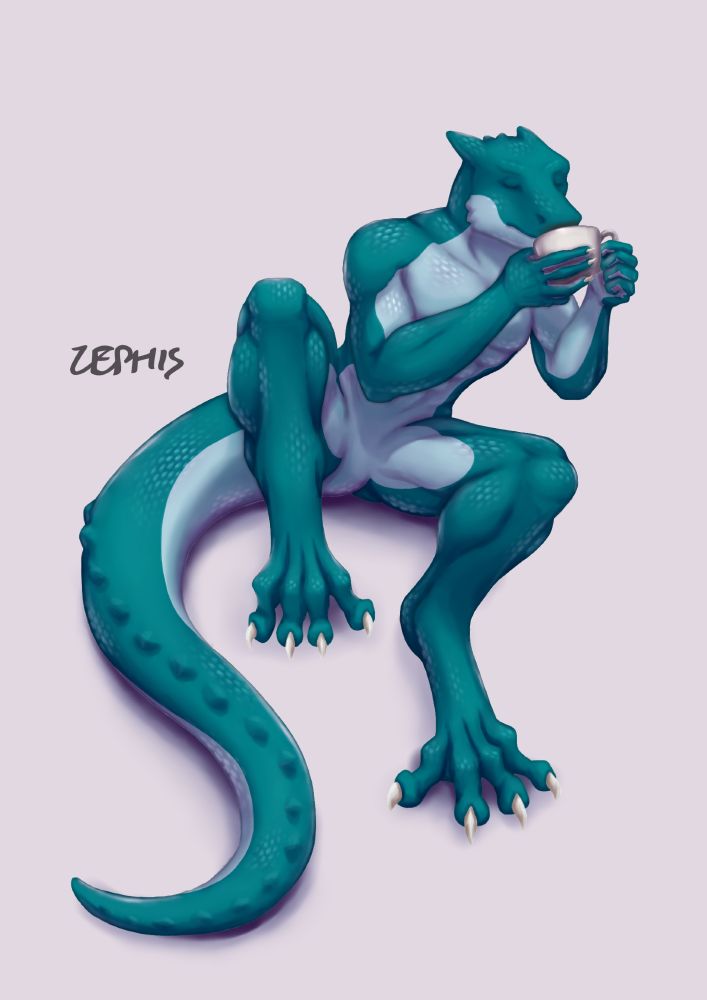 Solo art of Zephis, hunched over slightly and drinking coffee.