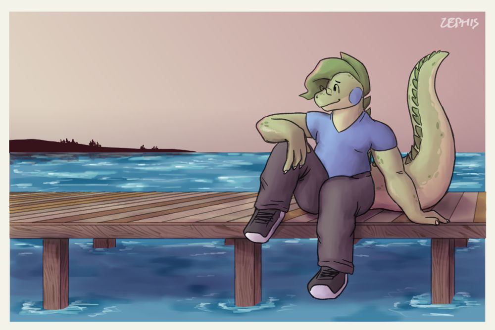 Chris, an anthro lizard, sitting on a dock  over the water and staring out into the distance. The color of the sky suggests that they are enjoying a calm sunset.