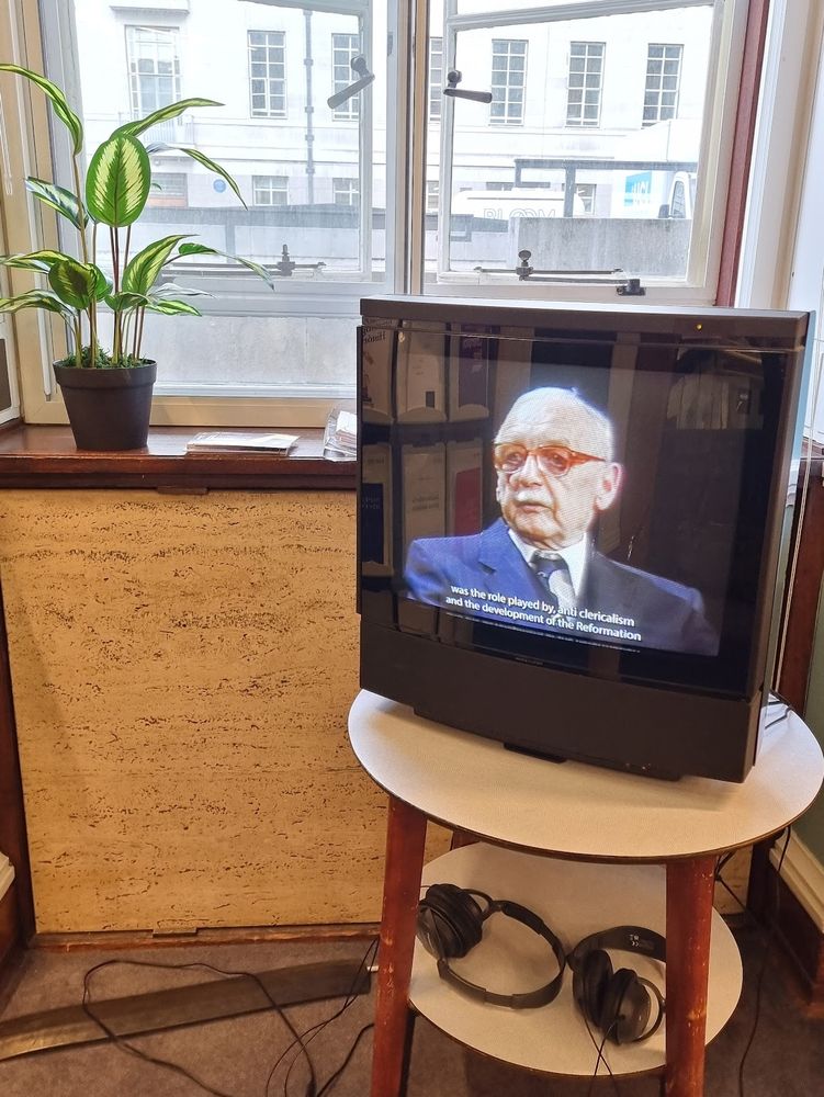 Retro viewing set-up, showing a clip from one of the newly digitised interviews