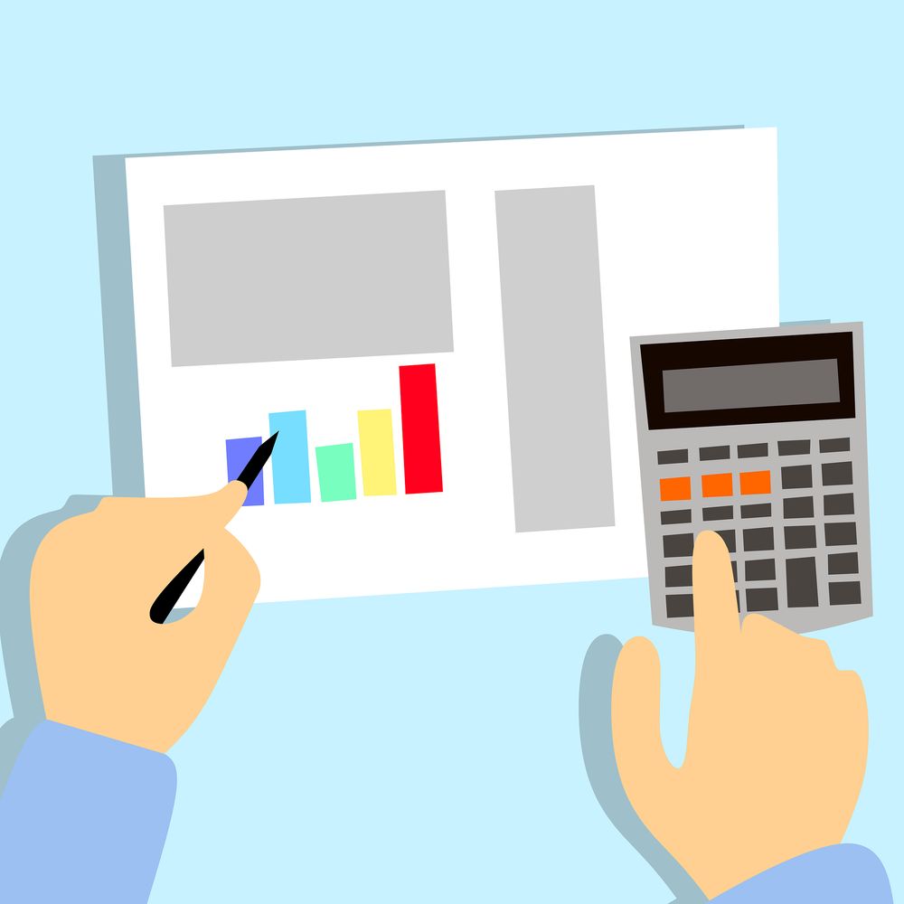 A graphic showing hands, a chart and a calculator